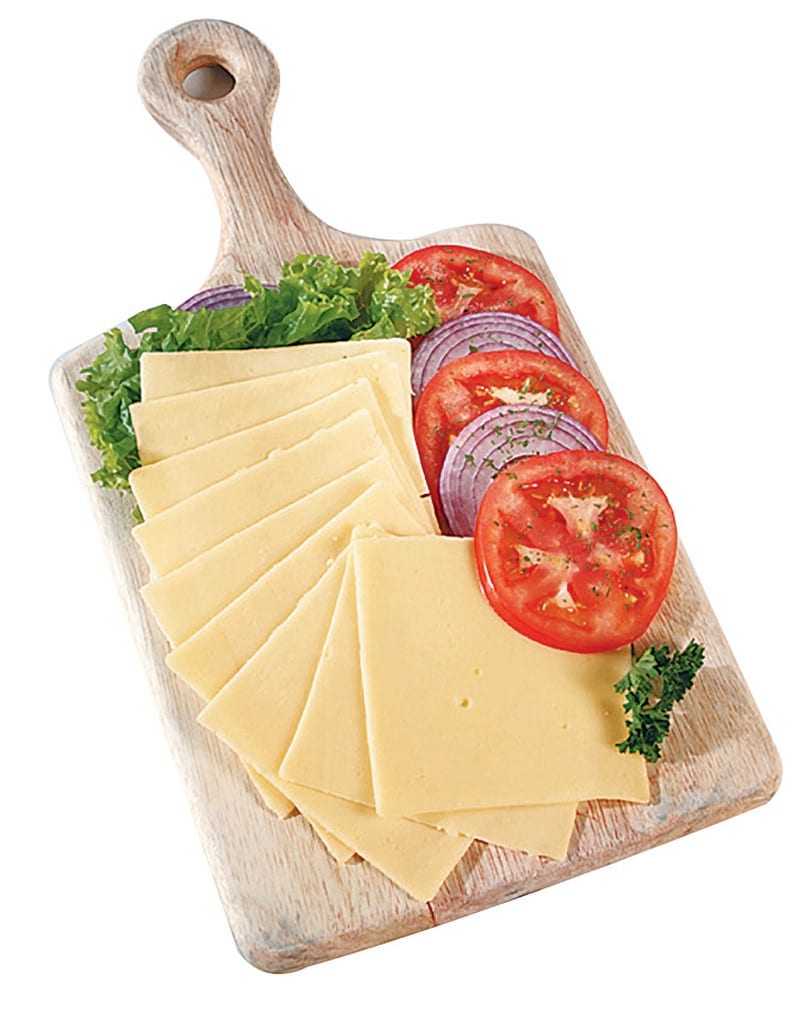 Sliced Yellow American Cheese with Garnish on Wooden Board Food Picture