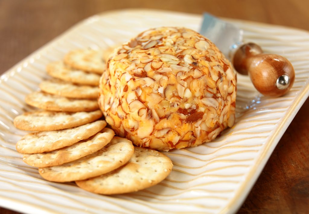 Cheese Ball with Almond Nut Topping and Crackers Food Picture