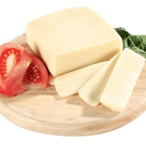 Mozzarella Cheese Block and Sliced with Garnish on Wooden Board Food Picture