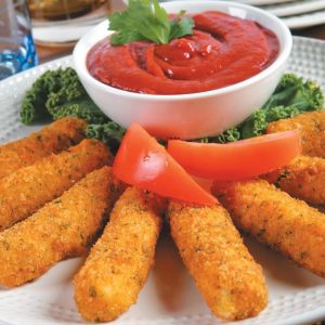 Mozzarella Sticks with Dipping Sauce and Garnish on White Ridged Plate Food Picture