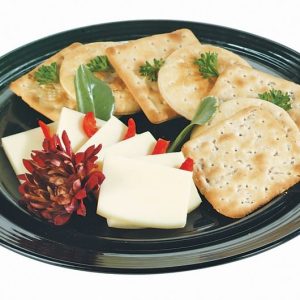 Provolone Cheese with Crackers and Garnish on Black Plate Food Picture
