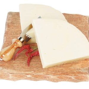 Sliced Provolone Cheese with Slicer on Wooden Board Food Picture