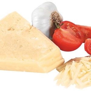 Shredded Romano Cheese with Tomato and Garlic on White Background Food Picture