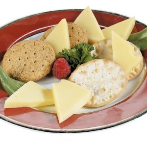 Swiss Cheese with Crackers and Garnish on Red Plate Food Picture