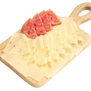Sliced Swiss Cheese with Sliced Tomato on Wooden Board Food Picture