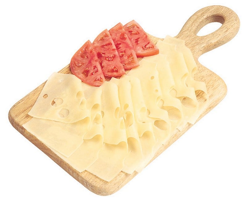 Sliced Swiss Cheese with Sliced Tomato on Wooden Board Food Picture