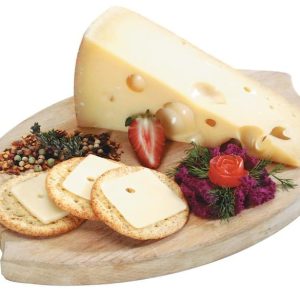 Swiss Cheese with Garnish and Crackers on Wooden Board Food Picture
