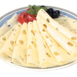 Swiss Cheese with Garnish on Blue and White Striped Plate Food Picture
