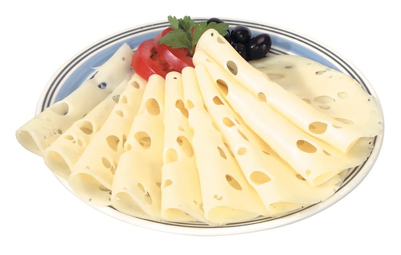 Swiss Cheese with Garnish on Blue and White Striped Plate Food Picture