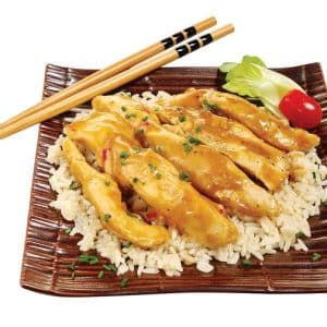 Asian Chicken over Rice on Dark Plate Food Picture
