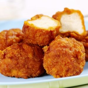Homestyle Buffalo Popcorn Chicken Fritters on Periwinkle Plate Food Picture