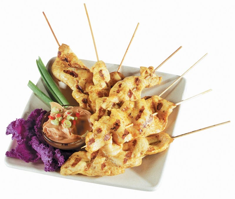 Chicken Satay with Garnish on White Plate Food Picture