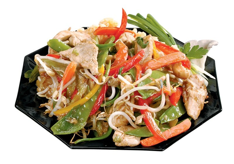 Chicken Stir Fry on Black Plate Food Picture