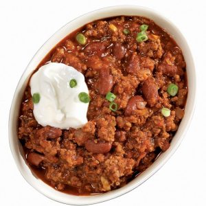 Chili with Scallions and Sour Cream in White Bowl Food Picture