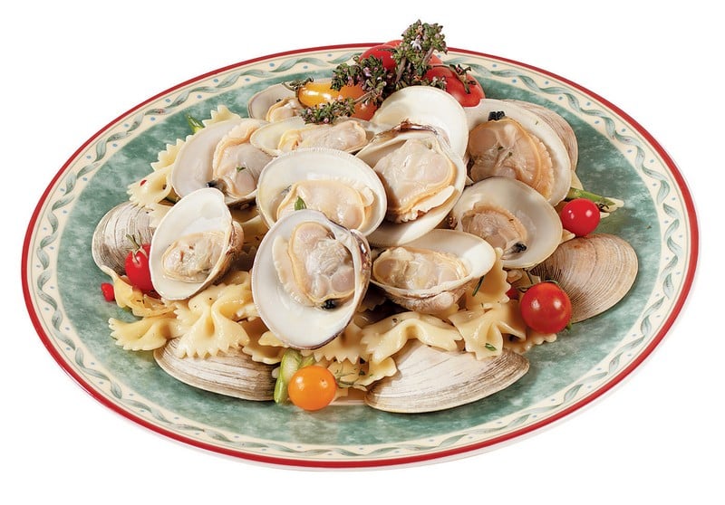 Clams With Pasta On Multi-Colored Plate Food Picture