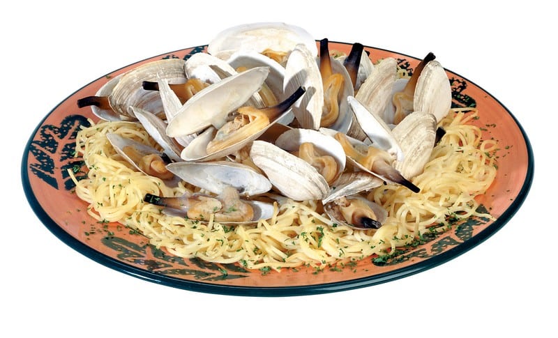 Steamed Clams Over Pasta On Orange And Black Dish Food Picture