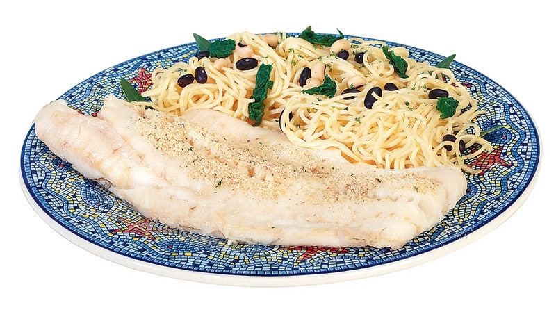 Cod Fillet with Spaghetti on Decorative Blue Designed Plate Food Picture