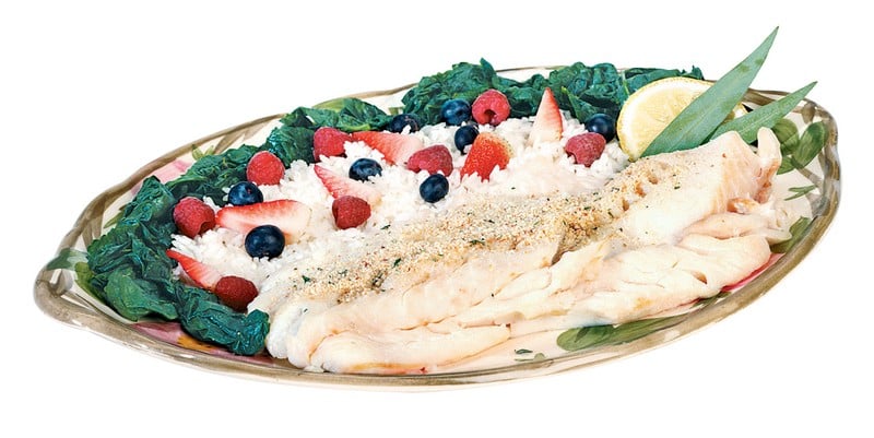 Cod Fillet with Garnish and Fruit on Decorative Plate Food Picture
