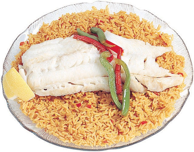 Cod Fillet over Rice with Garnish Food Picture