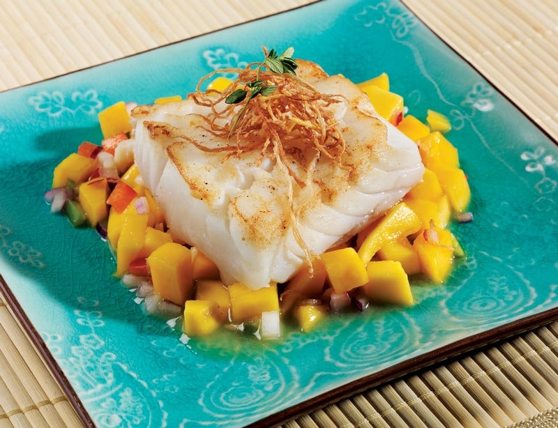 Cod Fillet over Pineapple on Teal Plate Food Picture