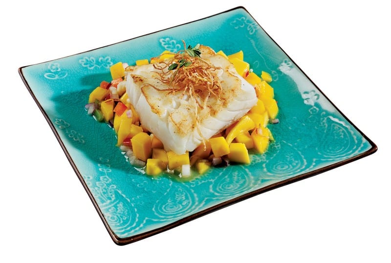 Cod Fillet over Pineapple on Teal Dish Food Picture
