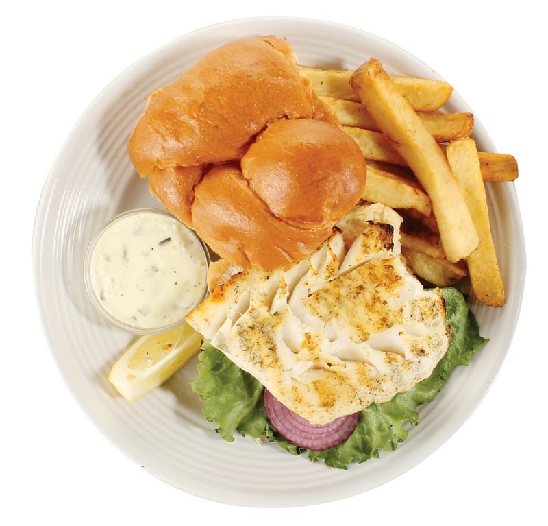 Grilled Cod Sandwich with Fries and Dipping Sauce on White Plate Food Picture