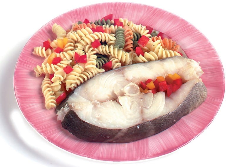 Steak Cod with Pasta on Pink Plate Food Picture
