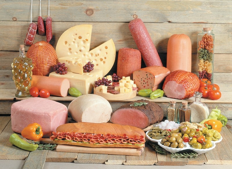 Cold Cut Assortment on Wooden Background and Surface Food Picture