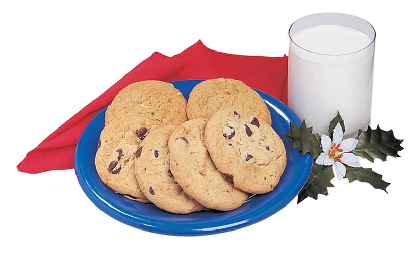Milk and Cookies with Garnish on Blue Plate with Red Napkin Food Picture