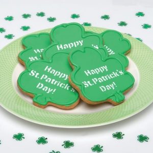 Happy St. Patricks Day Shamrock Cookies on Green and White Plate Food Picture