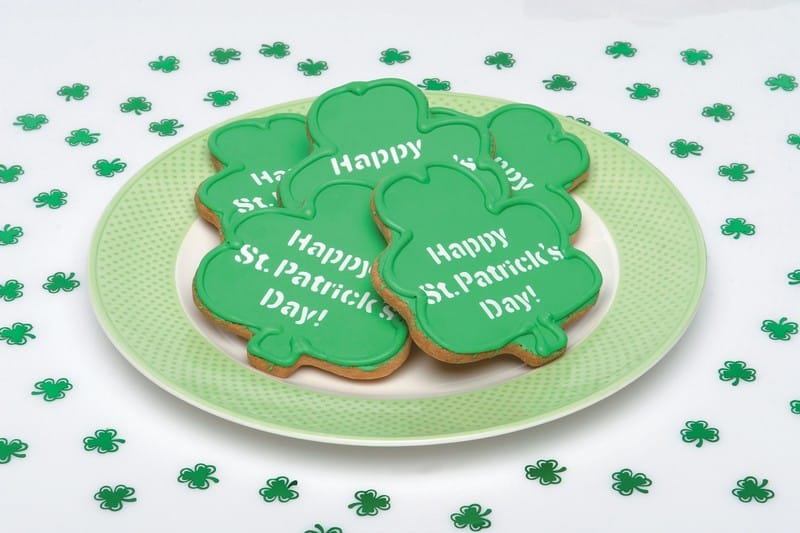Happy St. Patricks Day Shamrock Cookies on Green and White Plate Food Picture