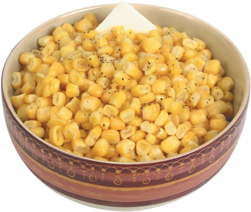 Corn on the cob in serving dish with butter, salt, and pepper and ears of corn in a wooden box Food Picture