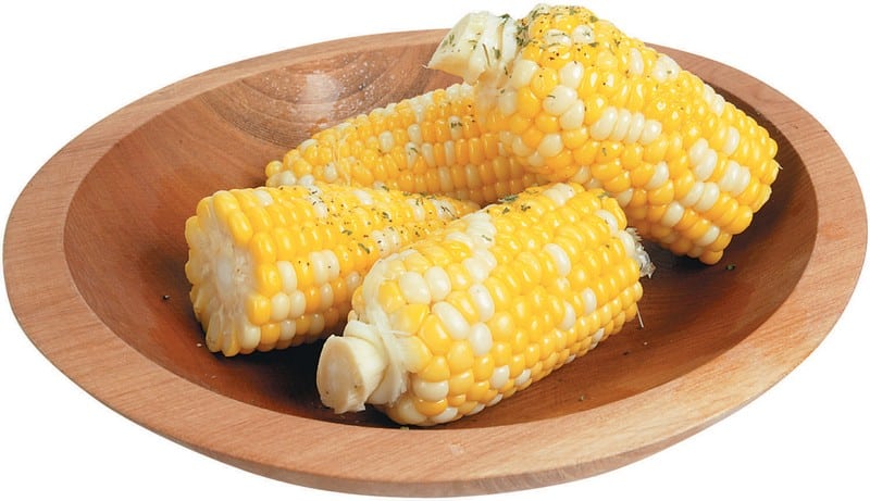 Corn on the Cob Halves in a Wooden Bowl Food Picture