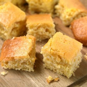 Baked Fresh Cornbread Squares on Wood Food Picture