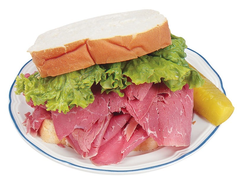 Corned Beef Sandwich on White Plate with Blue Stripe Food Picture
