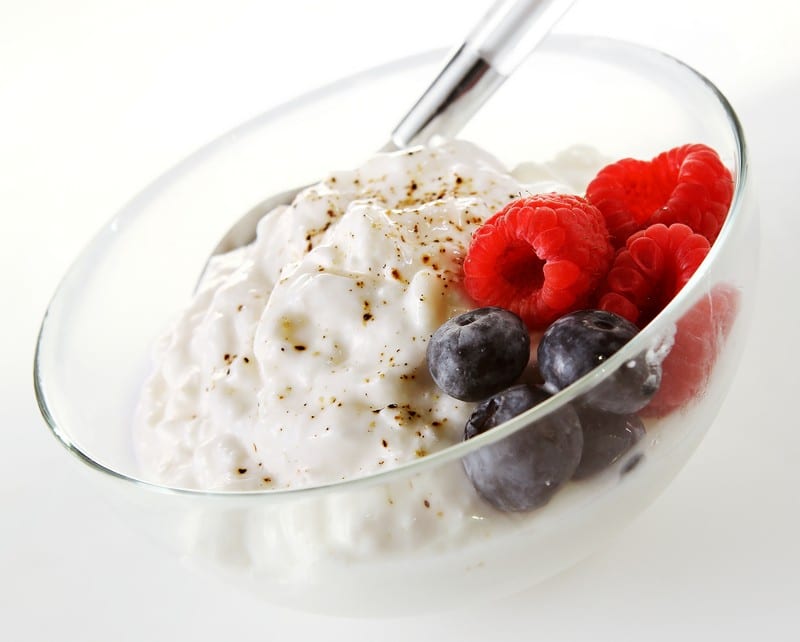Cottage Cheese with Blueberries and Rasberries in a Bowl Food Picture