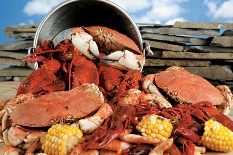 Crab Boil with Rocks in Background Food Picture