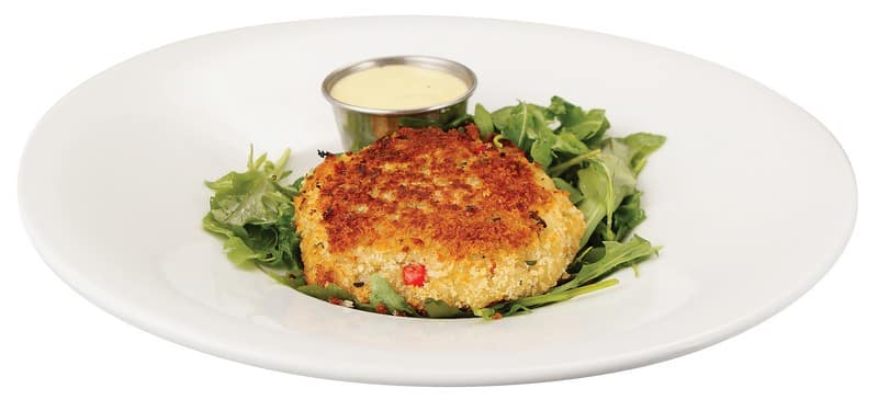 Crab Cakes with Garnish and Dipping Sauce on Blue and White Plate Food Picture