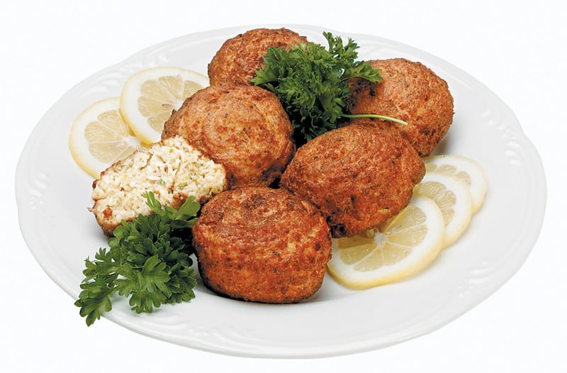 Crab Cakes with Lemon and Garnish on White Plate Food Picture