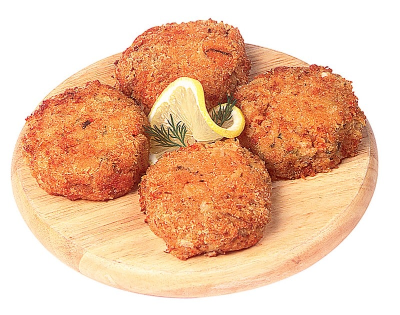 Crab Cakes with Garnish and Lemon on Wooden Board Food Picture