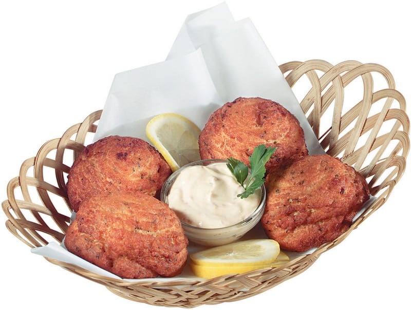 Crab Cakes in a Basket with Sauce and Lemon Slices Food Picture
