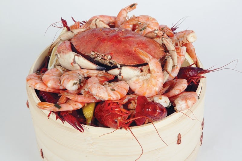 Crab, Shrimp, and Crawdad in Wooden Steamer Box Food Picture