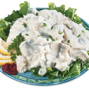 Cream Herring over Lettuce with Garnish on Decorative Plate Food Picture