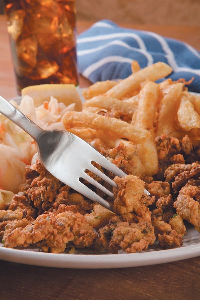 Deep Fried Clams and Fries on Plate with a Glass of Soda Food Picture