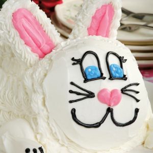 Easter Bunny Cake on White Platter, Close Up Food Picture