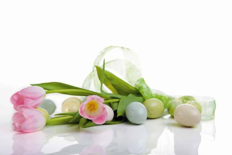 Easter Flowers with Easter Eggs on Table Food Picture