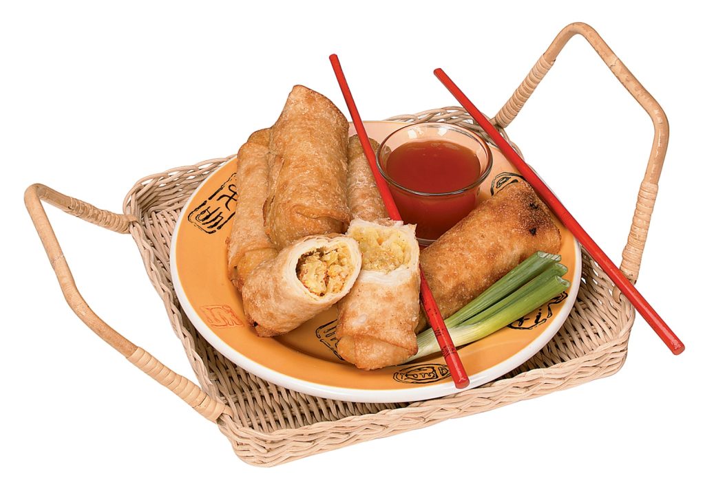 Egg Roll with Chopsticks and Dipping Sauce on Plate in Wooden Tray Basket Food Picture