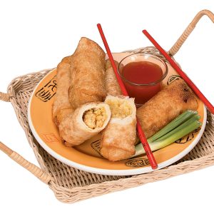 Egg Roll with Chopsticks and Dipping Sauce on Plate in Wooden Tray Basket Food Picture