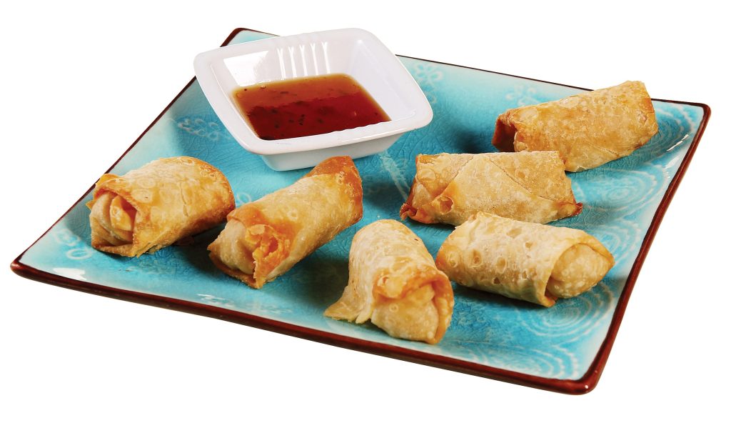 Egg Rolls on Teal Plate with Dipping Sauce Food Picture