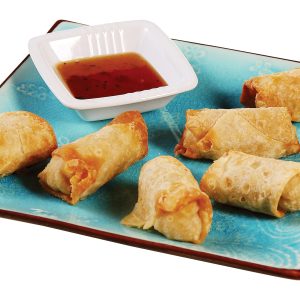 Egg Rolls on Teal Plate with Dipping Sauce Food Picture
